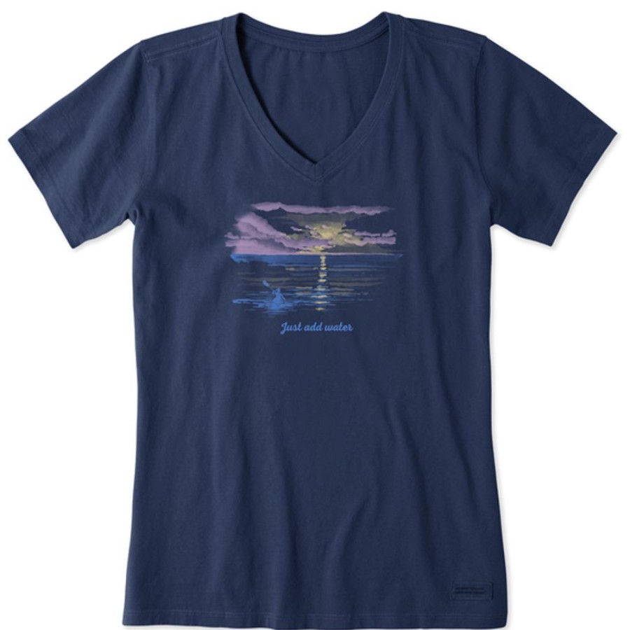 Women Life is Good Graphic Tees | Women'S Just Add Water Kayak Sunset Crusher-Lite Vee Darkest Blue