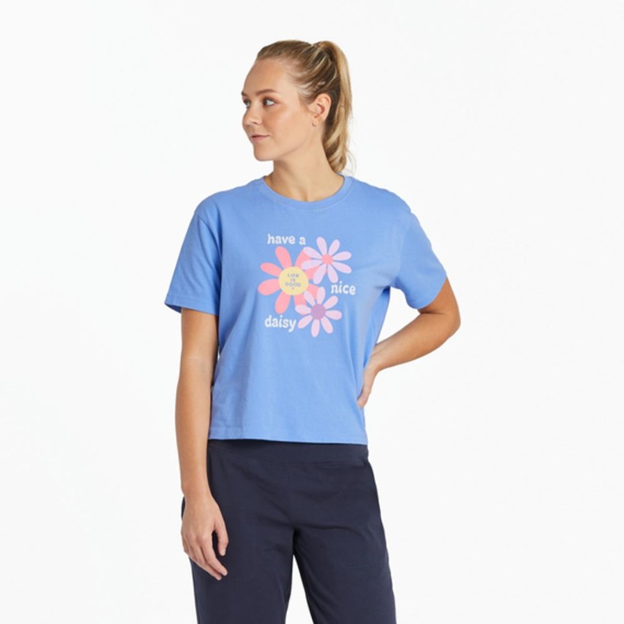 Women Life is Good Boxy Tees | Women'S Groovy Have A Nice Daisy Boxy Crusher Tee Cornflower Blue