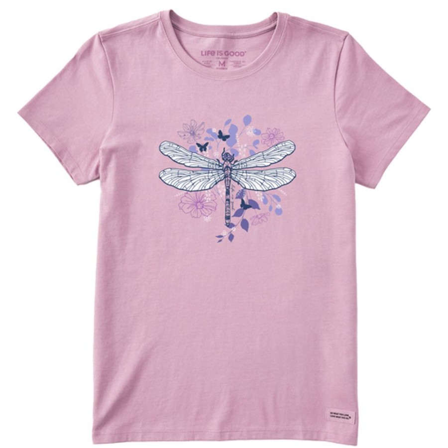 Women Life is Good Graphic Tees | Women'S Floral Backdrop Dragonfly Crusher Tee Violet Purple