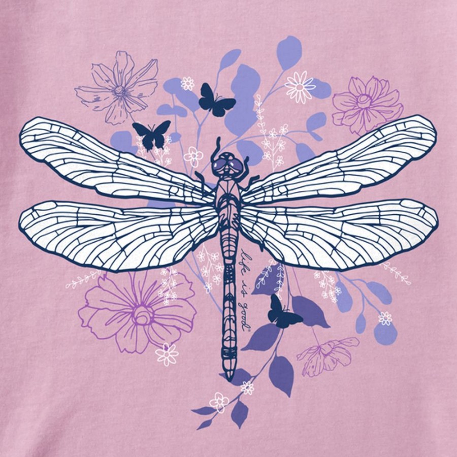 Women Life is Good Graphic Tees | Women'S Floral Backdrop Dragonfly Crusher Tee Violet Purple