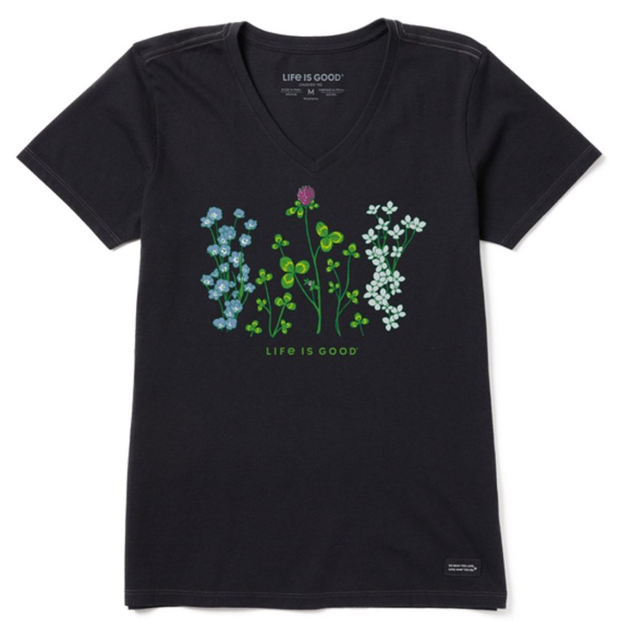 Women Life is Good Graphic Tees | Women'S Detailed Clovers And Wildflowers Short Sleeve Vee Jet Black