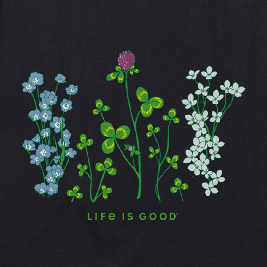 Women Life is Good Graphic Tees | Women'S Detailed Clovers And Wildflowers Short Sleeve Vee Jet Black