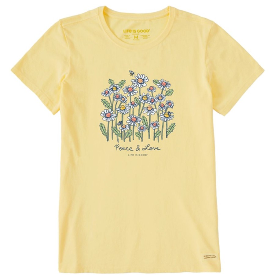 Women Life is Good Graphic Tees | Women'S Realaxed Peace And Love Daisy Bee Short Sleeve Tee Sandy Yellow