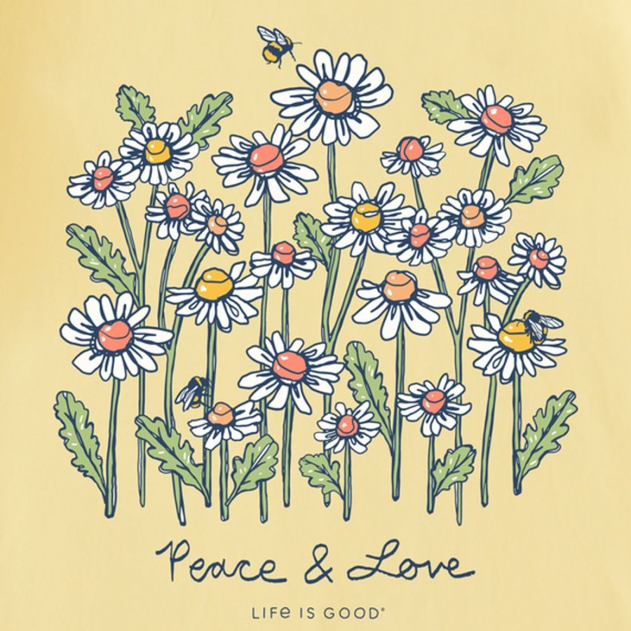 Women Life is Good Graphic Tees | Women'S Realaxed Peace And Love Daisy Bee Short Sleeve Tee Sandy Yellow