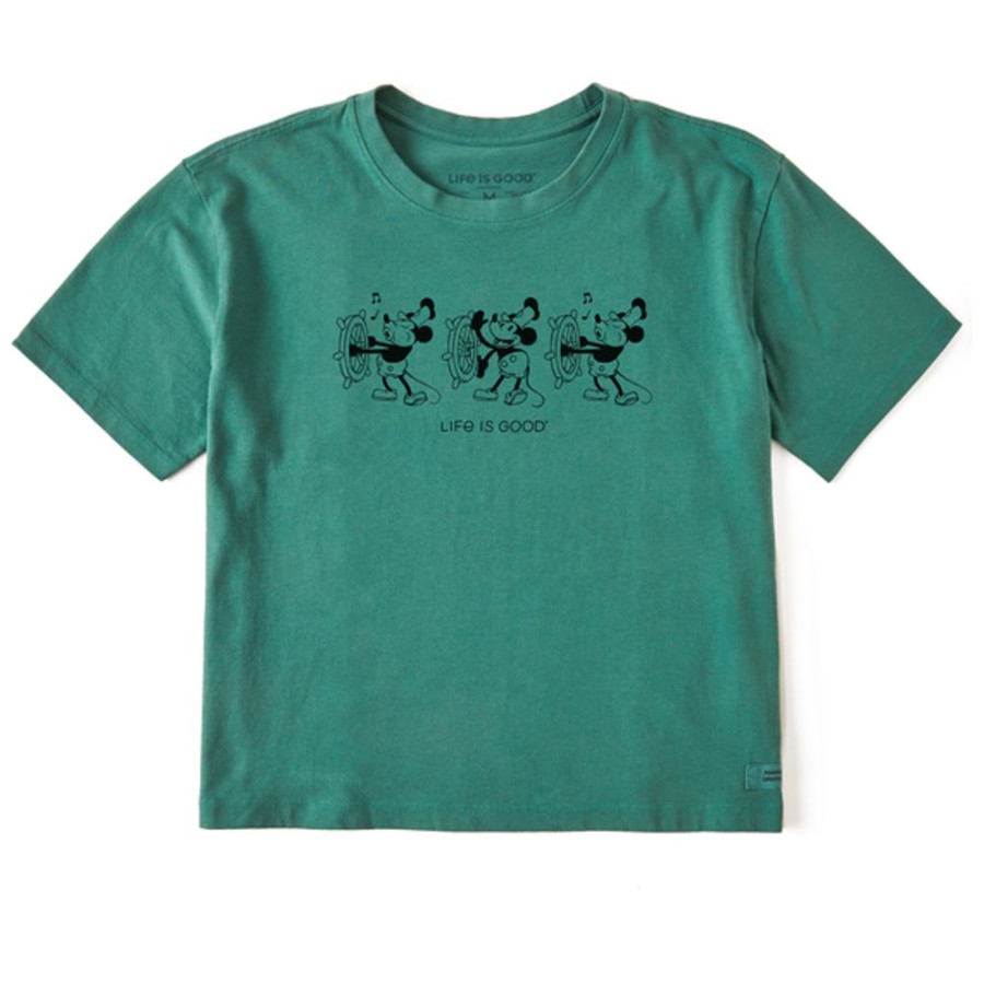 Women Life is Good Boxy Tees | Women'S Clean Steamboat Willie At The Helm Boxy Crusher Tee Spruce Green