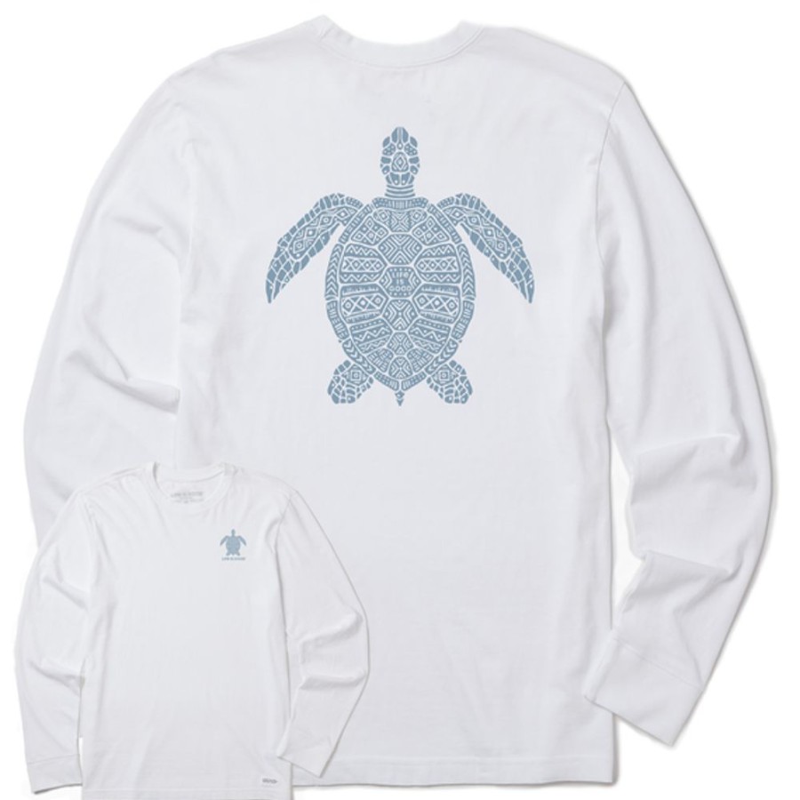 Men Life is Good Graphic Tees | Men'S Tribal Sea Turtle Long Sleeve Crusher Tee Cloud White