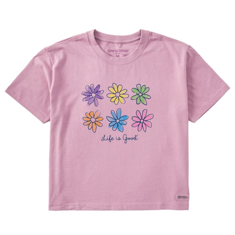 Women Life is Good Boxy Tees | Women'S Watercolor Daisies Boxy Crusher Tee Violet Purple