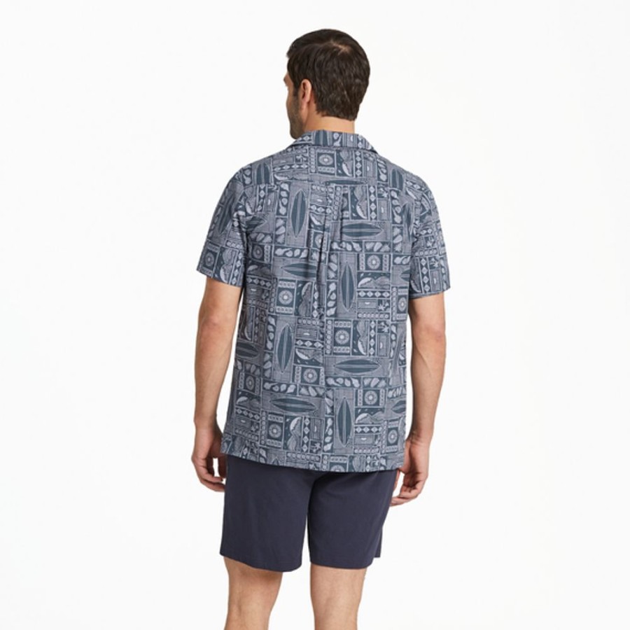 Men Life is Good Casual Shirts | Men'S Beach Woodblock Pattern Camp Shirt Stone Blue