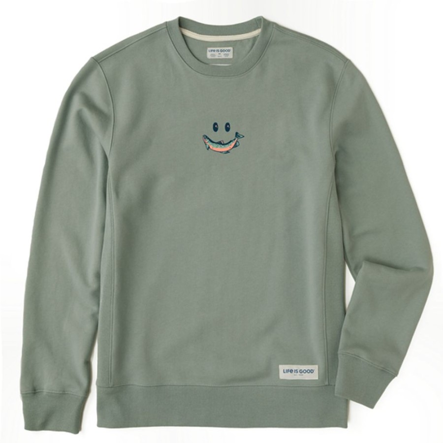 Men Life is Good Sweatshirts & Hoodies | Men'S Clean Smiley Fish Simply True Fleece Crew Moss Green