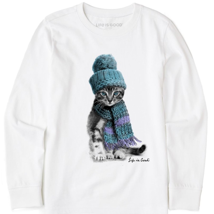 Kids Life is Good Graphic Tees | Kids Winter Cat Hat Long Sleeve Crusher Tee Cloud White