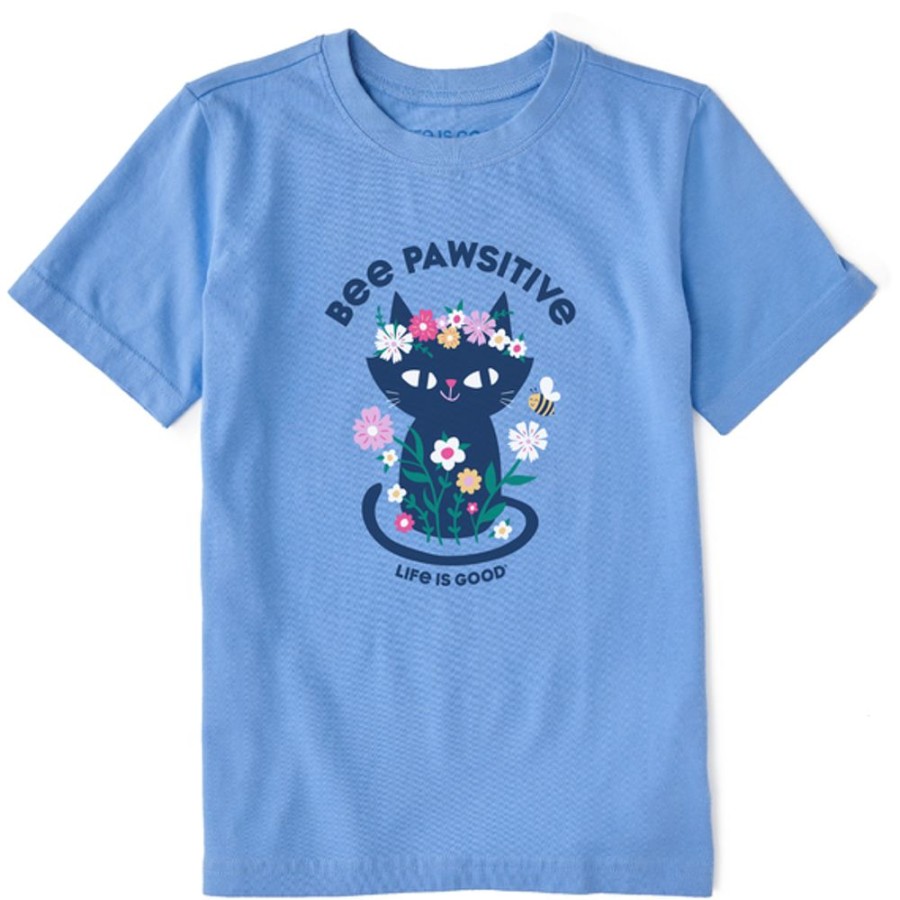 Kids Life is Good Graphic Tees | Kids Clean Bee Pawsitive Flower Crown Kitty Crusher Tee Cornflower Blue