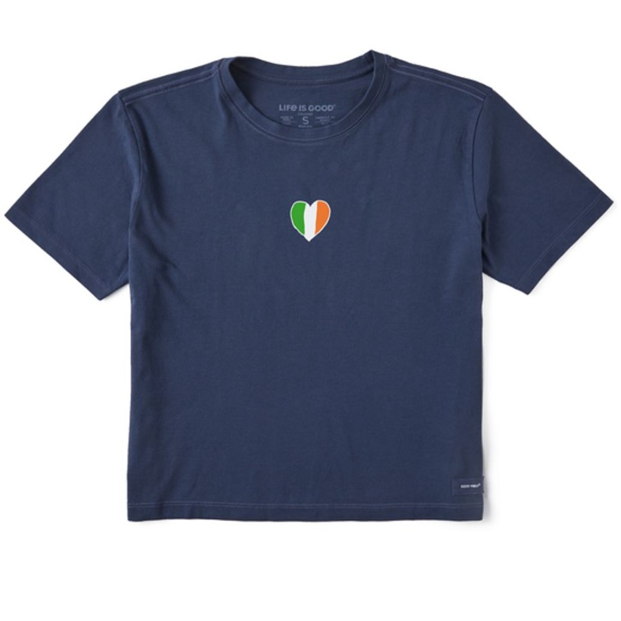 Women Life is Good Boxy Tees | Women'S Quirky Irish Flag Heart Boxy Crusher Tee Darkest Blue