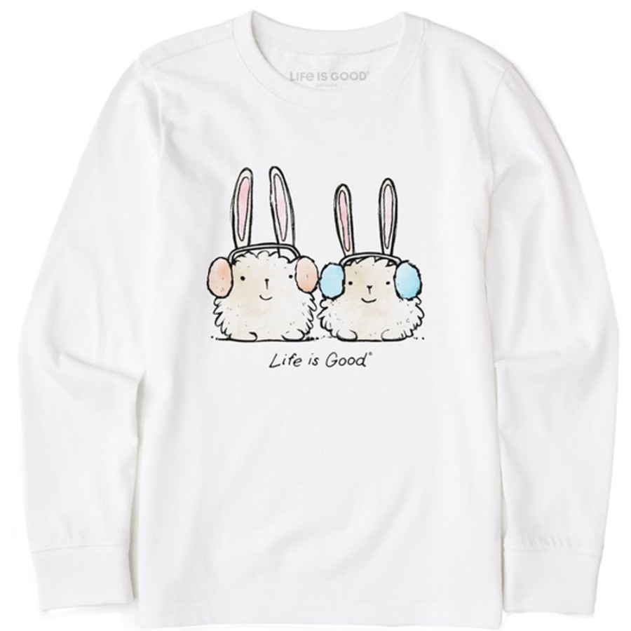 Kids Life is Good Graphic Tees | Kids Watercolor Warmly Dressed Bunnies Long Sleeve Crusher Tee Cloud White