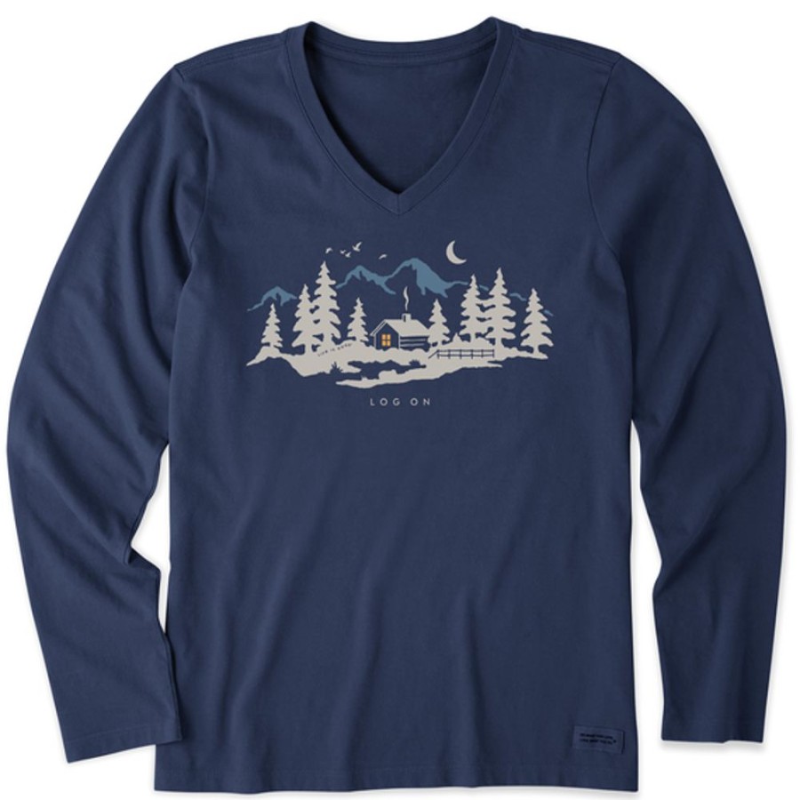 Women Life is Good Graphic Tees | Women'S Winter Cabin Log On Long Sleeve Crusher Vee Darkest Blue