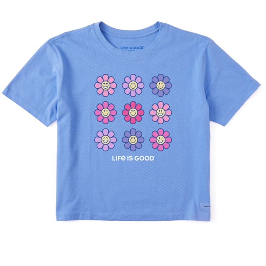 Women Life is Good Boxy Tees | Women'S Groovy Smiley Daisies Boxy Crusher Tee Cornflower Blue