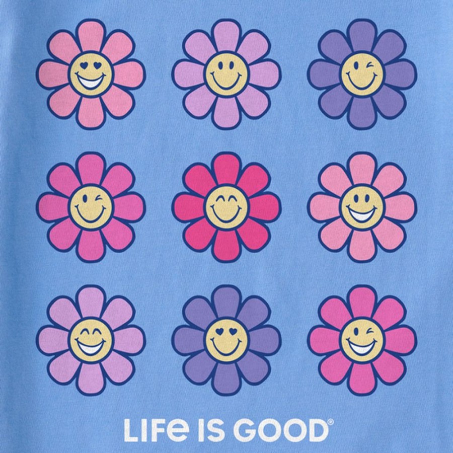 Women Life is Good Boxy Tees | Women'S Groovy Smiley Daisies Boxy Crusher Tee Cornflower Blue