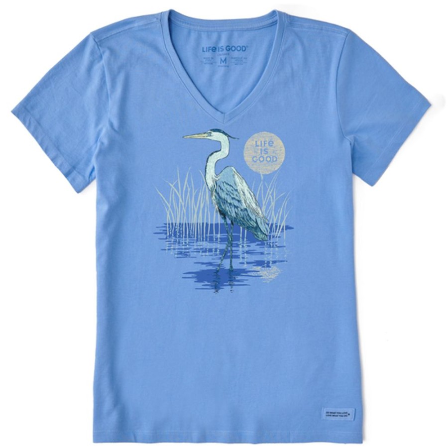 Women Life is Good Graphic Tees | Women'S Heron On The Water Crusher-Lite Vee Cornflower Blue