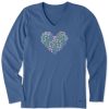 Women Life is Good Graphic Tees | Women'S Winter Flowers Heart Long Sleeve Crusher Vee Vintage Blue