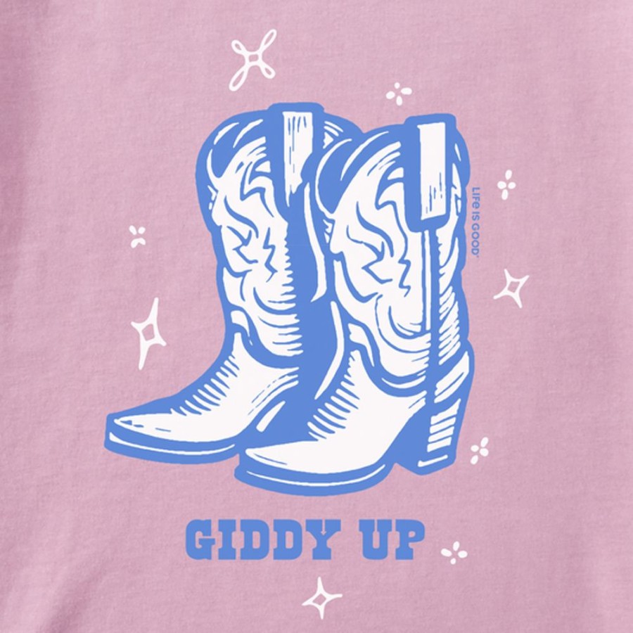 Women Life is Good Boxy Tees | Women'S Woodcut Giddy Up Cowboy Boots Boxy Crusher Tee Violet Purple