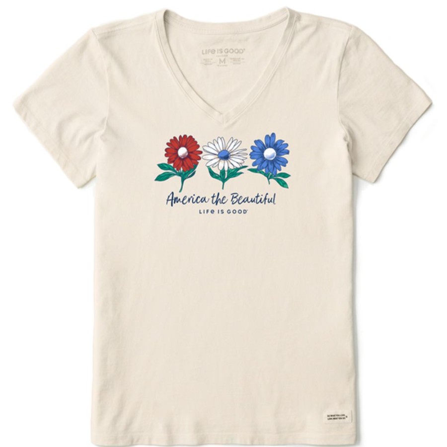 Women Life is Good Graphic Tees | Women'S America The Beautiful Daisies Short Sleeve Vee Putty White