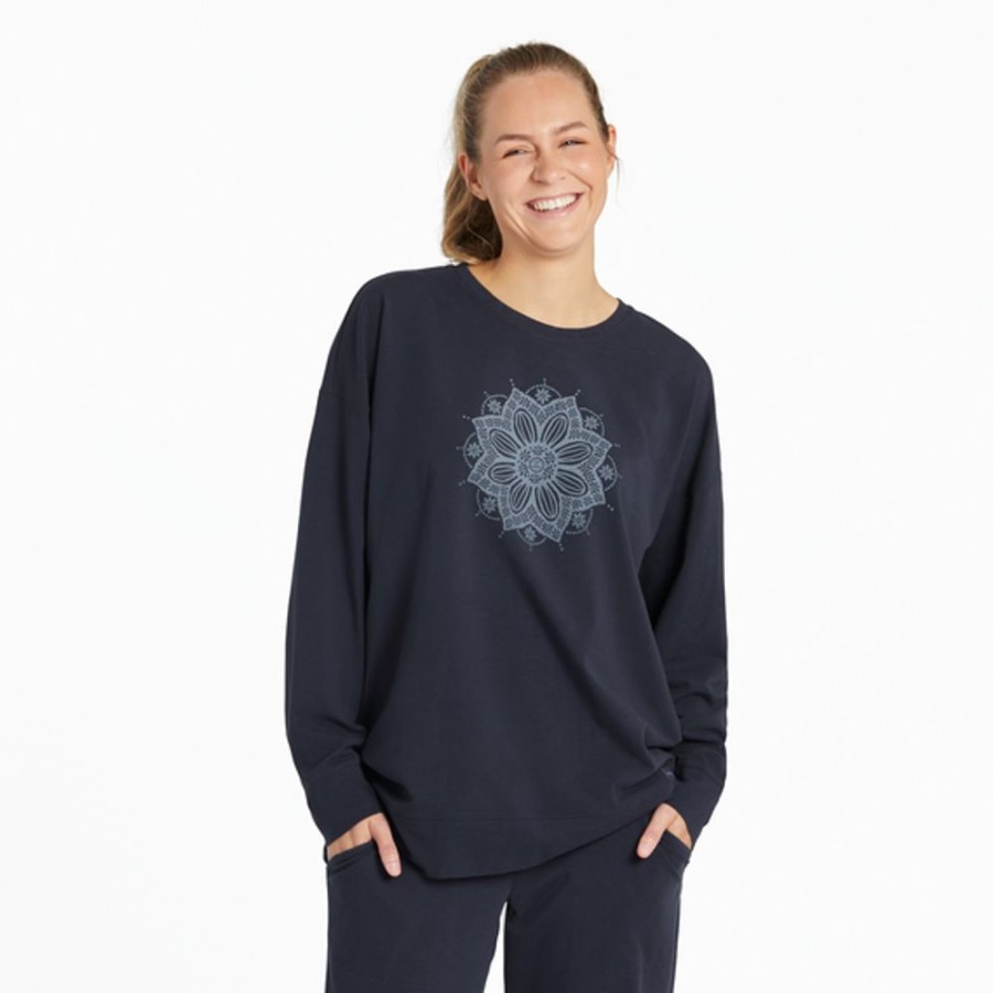 Women Life is Good Crusher-Flex Apparel | Women'S Crochet Mandala Daisy Crusher-Flex Oversized Crew Inkwell Blue