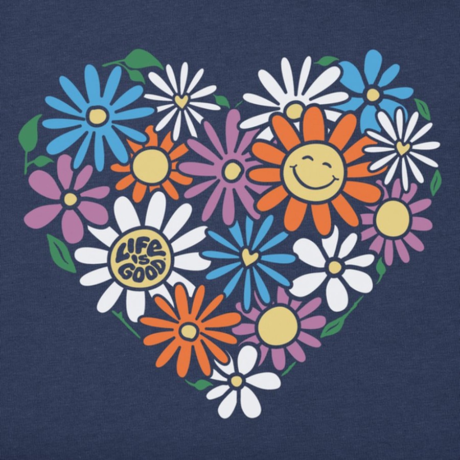 Women Life is Good Graphic Tees | Women'S Flower Heart Short Sleeve Vee Darkest Blue