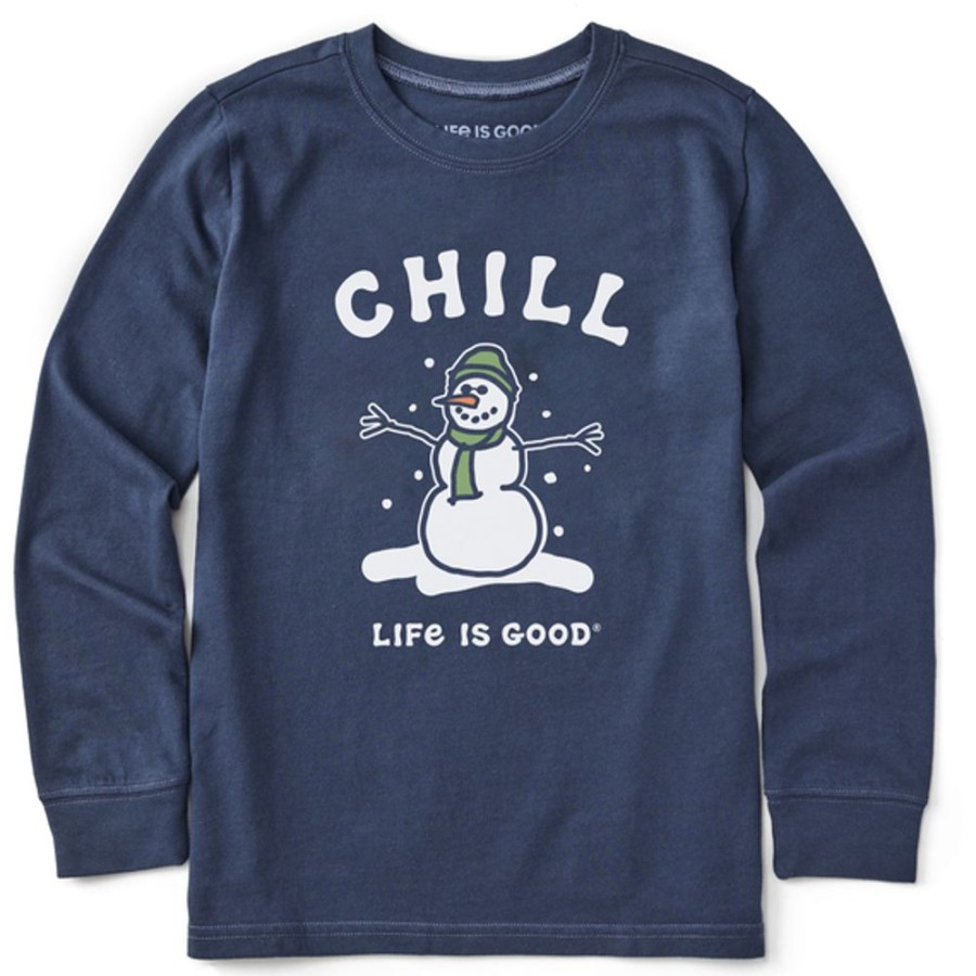 Kids Life is Good Graphic Tees | Kids Chill Snowman Long Sleeve Crusher Tee Darkest Blue