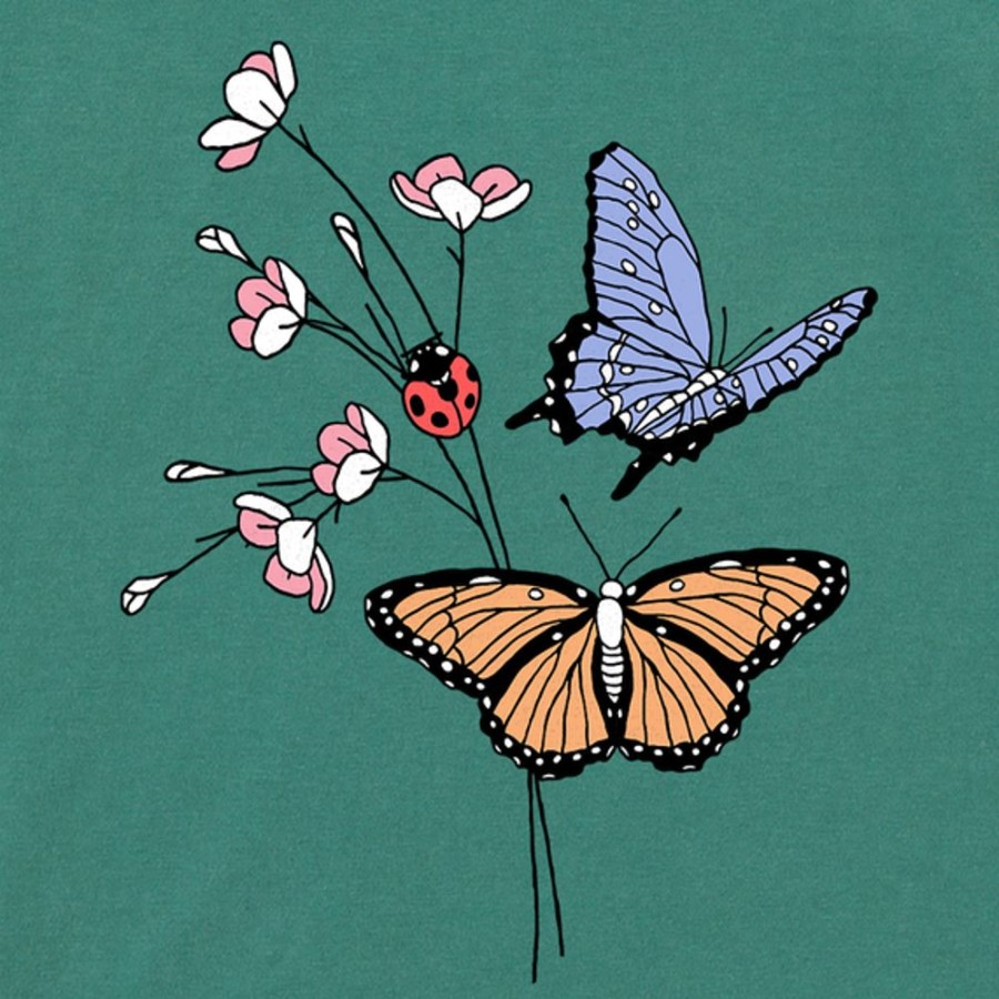 Women Life is Good Boxy Tees | Women'S Fineline Butterflies & Ladybug Flowers Boxy Crusher Tee Spruce Green