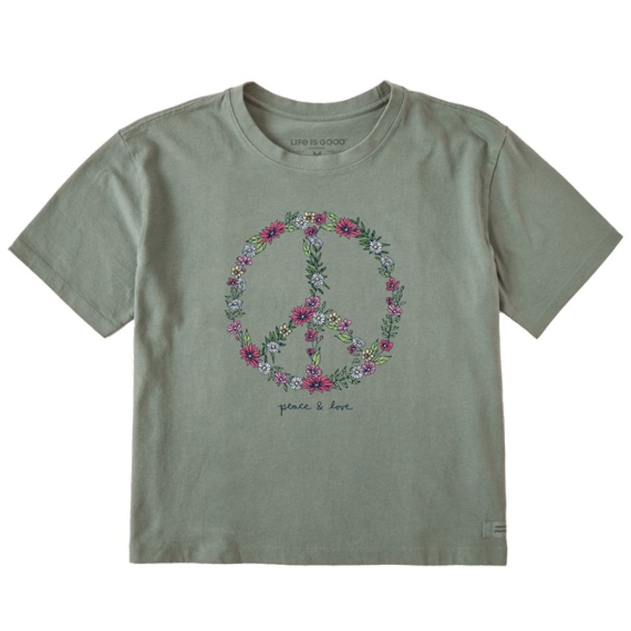 Women Life is Good Boxy Tees | Women'S Realaxed Wildflower Love Peace Sign Boxy Crusher Tee Moss Green