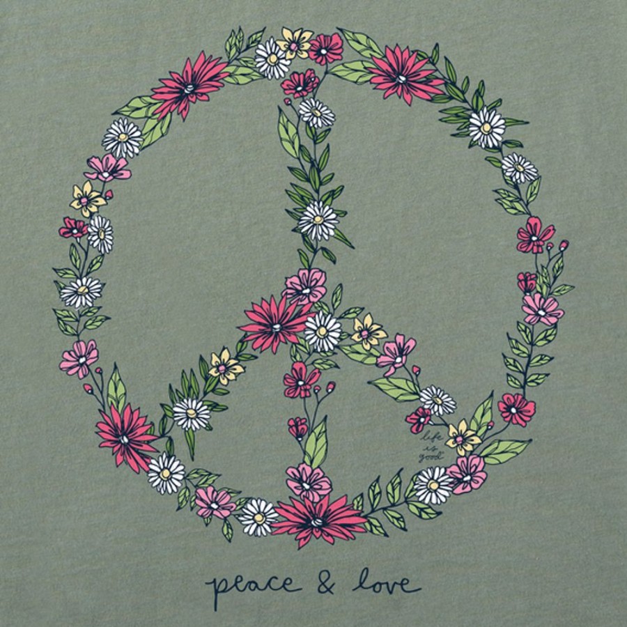 Women Life is Good Boxy Tees | Women'S Realaxed Wildflower Love Peace Sign Boxy Crusher Tee Moss Green