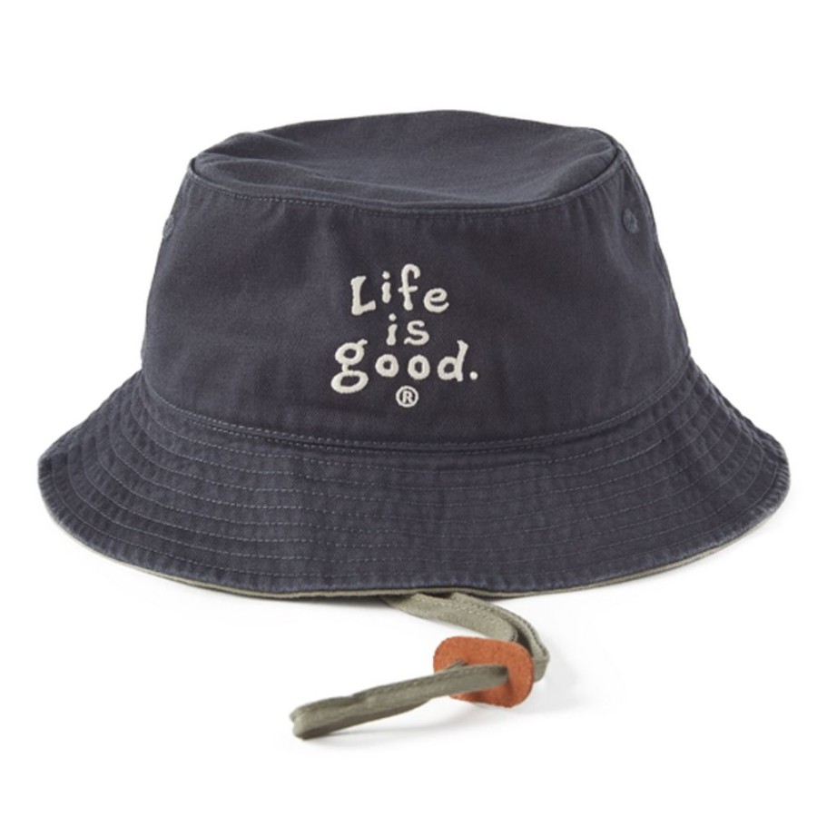 Women Life is Good Hats | Lig Vintage Wordmark Stacked Bucket Hat Jet Black