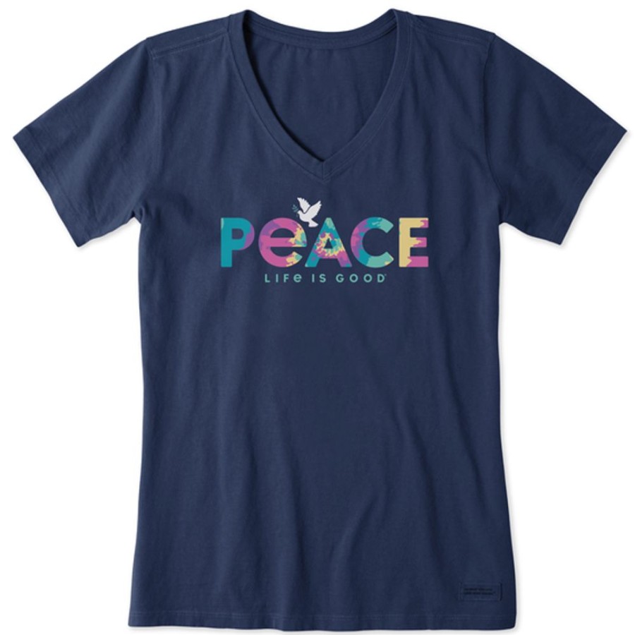 Women Life is Good Graphic Tees | Women'S Tie Dye Peace Dove Short Sleeve Vee Darkest Blue