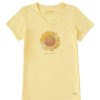 Women Life is Good Graphic Tees | Women'S Fineline Hello Sunshine Sunflower Crusher Vee Sandy Yellow