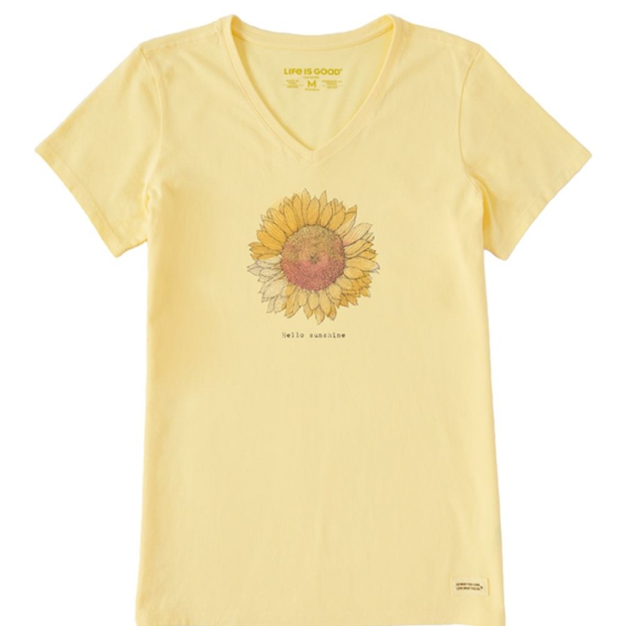 Women Life is Good Graphic Tees | Women'S Fineline Hello Sunshine Sunflower Crusher Vee Sandy Yellow