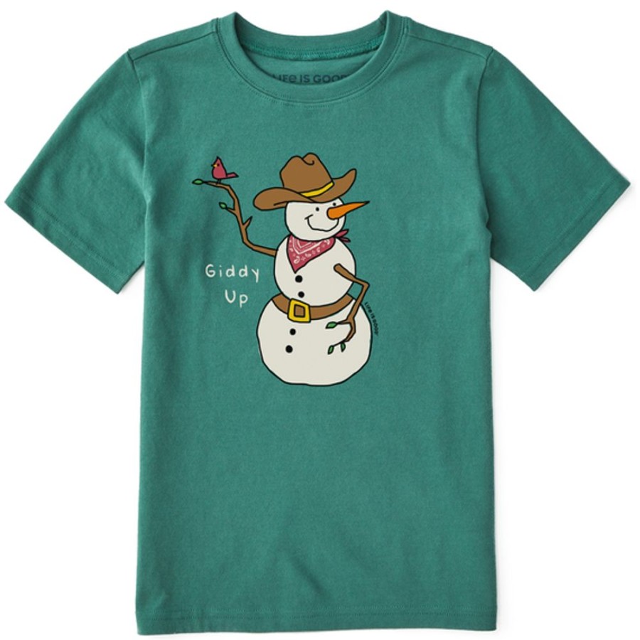 Kids Life is Good Graphic Tees | Kids Quirky Snowman Giddy Up Crusher Tee Spruce Green