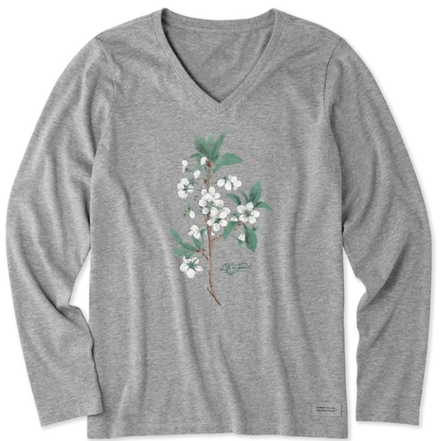 Women Life is Good Graphic Tees | Women'S Antique Plum Blossom Painting Long Sleeve Crusher Vee Heather Gray