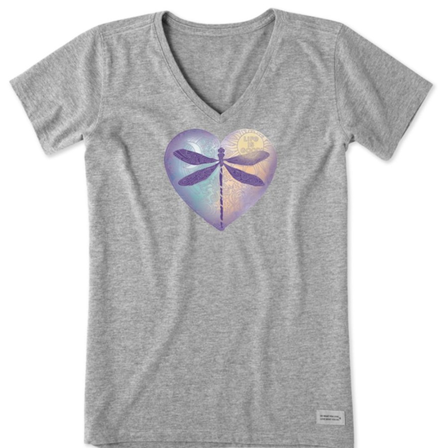 Women Life is Good Graphic Tees | Women'S Dragonfly Heart Short Sleeve Vee Heather Gray