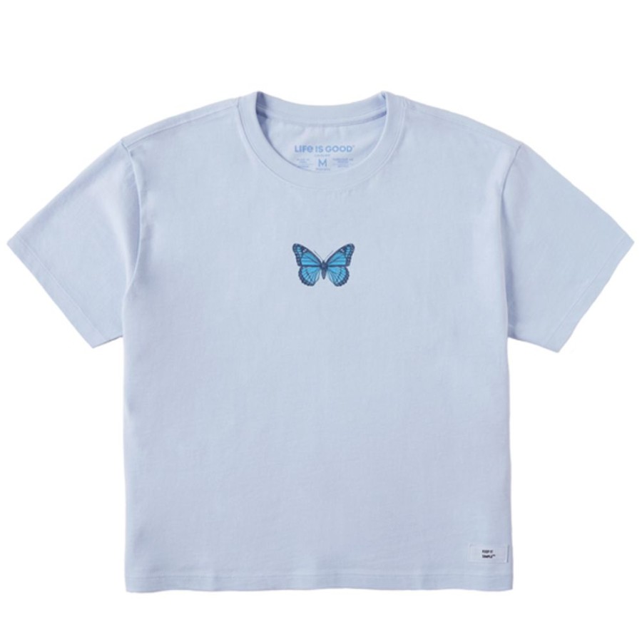 Women Life is Good Graphic Tees | Women'S Antique Floral Butterfly Boxy Crusher Tee Glacier Blue