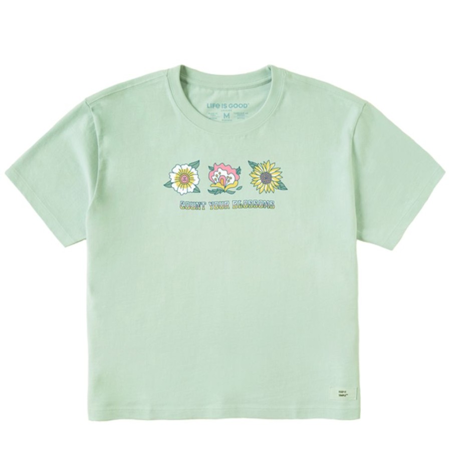 Women Life is Good Boxy Tees | Women'S Groovy Flower Trio Boxy Crusher Tee Sage Green