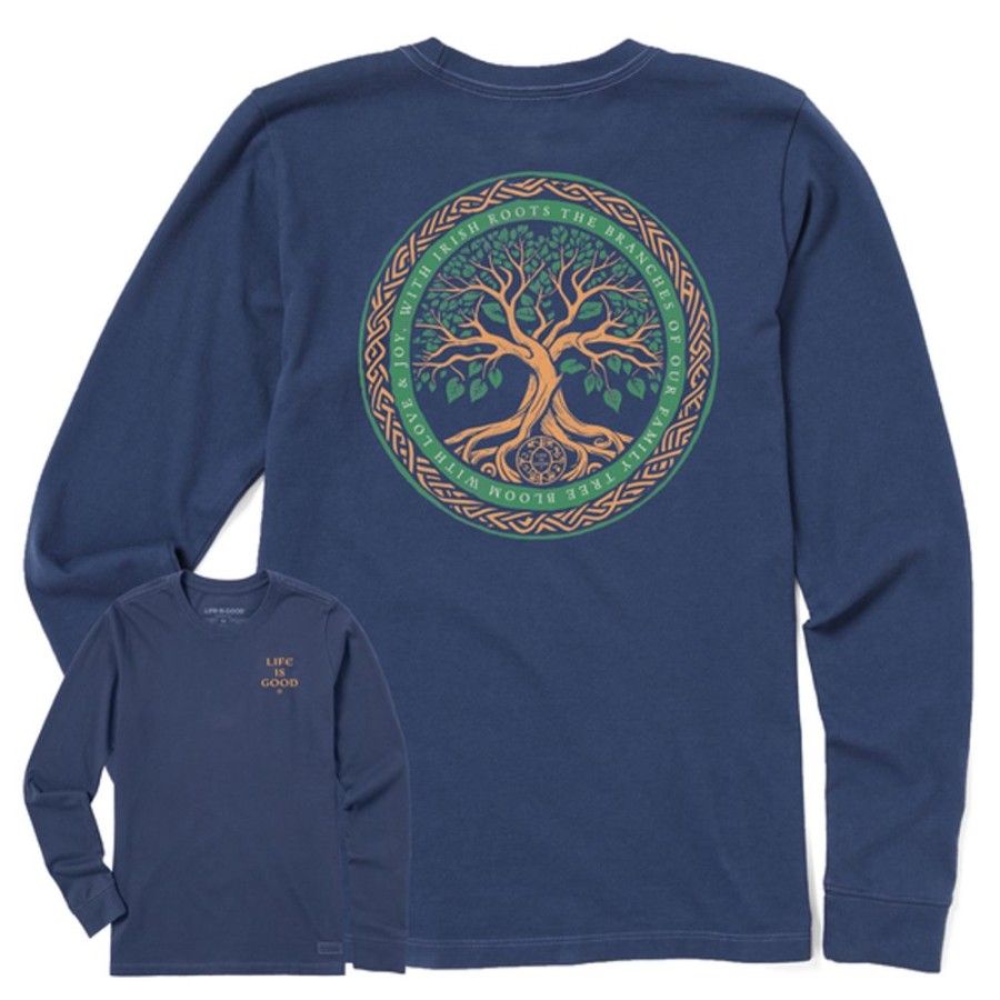 Women Life is Good Graphic Tees | Women'S Woodcut Irish Roots Bloom Tree Long Sleeve Crusher Tee Darkest Blue