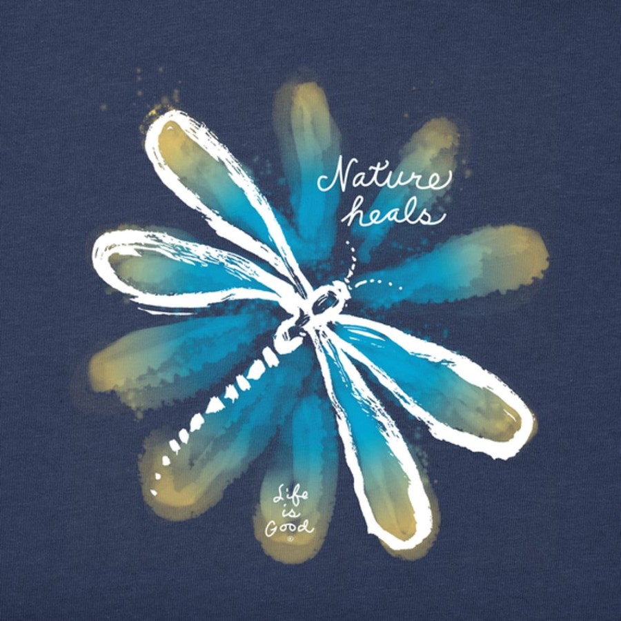 Women Life is Good Graphic Tees | Women'S Inkbrush Nature Heals Dragonfly Long Sleeve Crusher-Lite Hooded Tee Darkest Blue