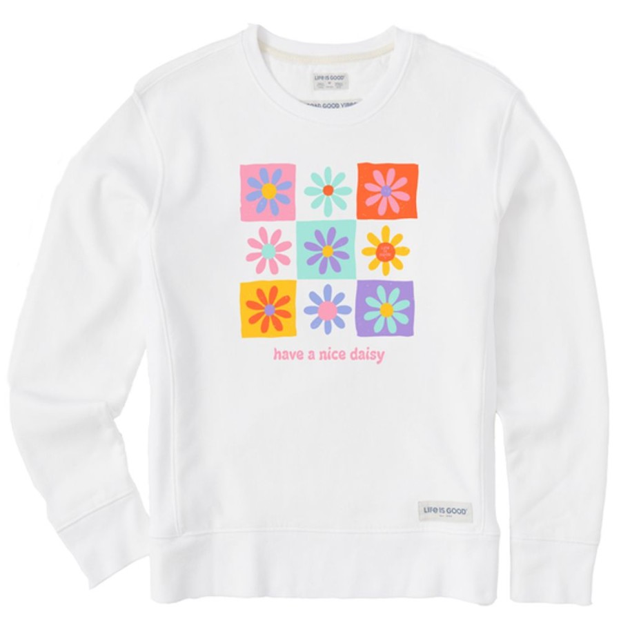 Women Life is Good Sweatshirts & Hoodies | Women'S Have A Nice Daisy Squares Simply True Fleece Crew Cloud White