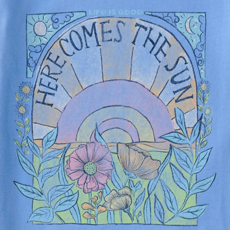 Women Life is Good Graphic Tees | Women'S Here Comes The Sun Hippie Long Sleeve Crusher Tee Cornflower Blue