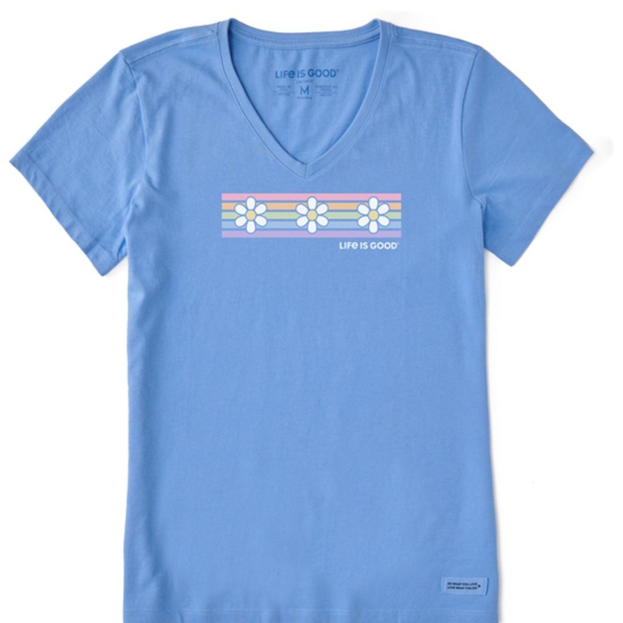 Women Life is Good Graphic Tees | Women'S Clean Daisy Stripes Short Sleeve Vee Cornflower Blue