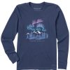 Women Life is Good Graphic Tees | Women'S Fineline Aurora Borealis Cabin Long Sleeve Crusher Tee Darkest Blue