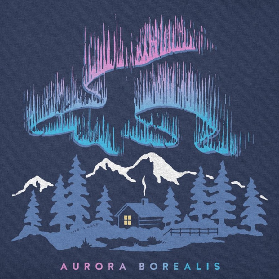 Women Life is Good Graphic Tees | Women'S Fineline Aurora Borealis Cabin Long Sleeve Crusher Tee Darkest Blue