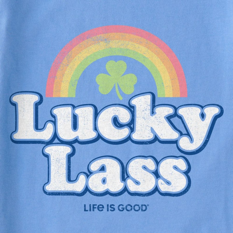 Kids Life is Good Graphic Tees | Kids Clean Lucky Lass Rainbow Clover Crusher Tee Cornflower Blue