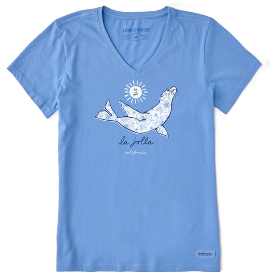 Women Life is Good Graphic Tees | Women'S Sunny Flower Sea Lion La Jolla Crusher-Lite Vee Cornflower Blue