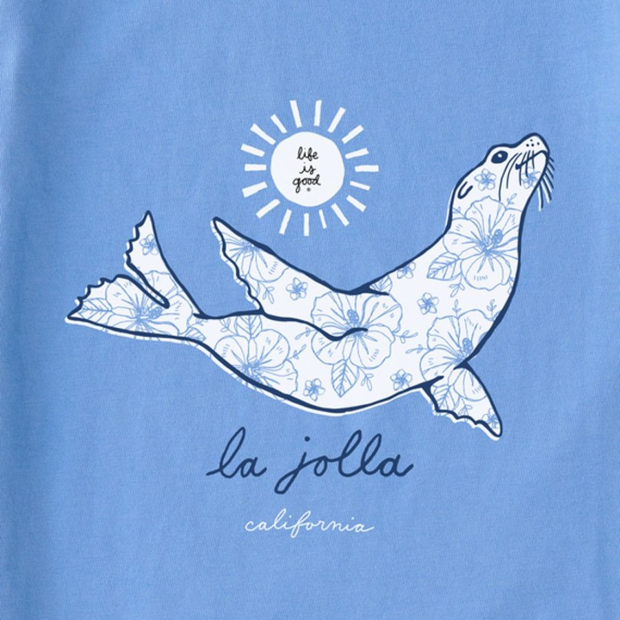 Women Life is Good Graphic Tees | Women'S Sunny Flower Sea Lion La Jolla Crusher-Lite Vee Cornflower Blue