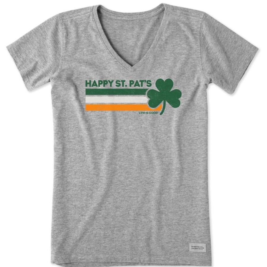 Women Life is Good Graphic Tees | Women'S Clean Stripey Happy St. Pats Clover Short Sleeve Vee Heather Gray